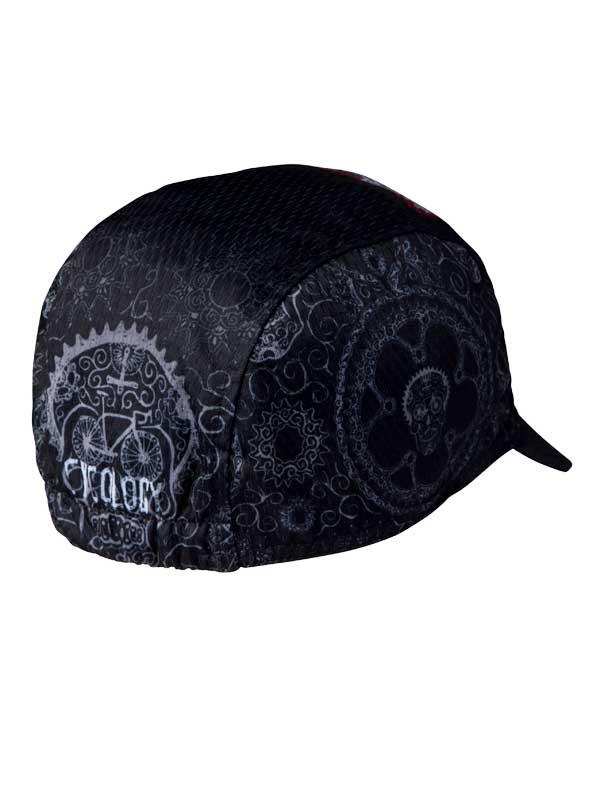Black cycling cap with intricate gear and bike print design for men and women