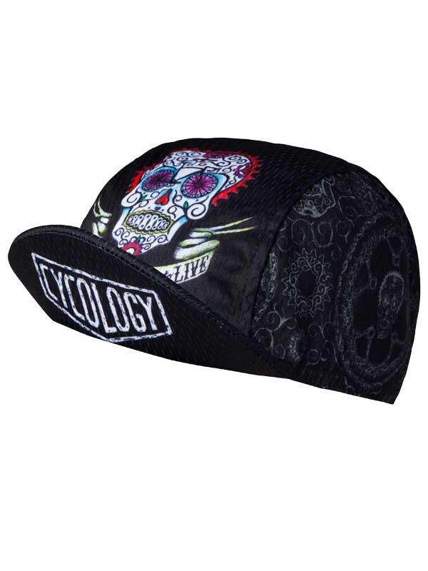 Black cycling cap with sugar skull design, 'CYCOLOGY' logo, and 'LIVE' text for men's and women's bike wear.