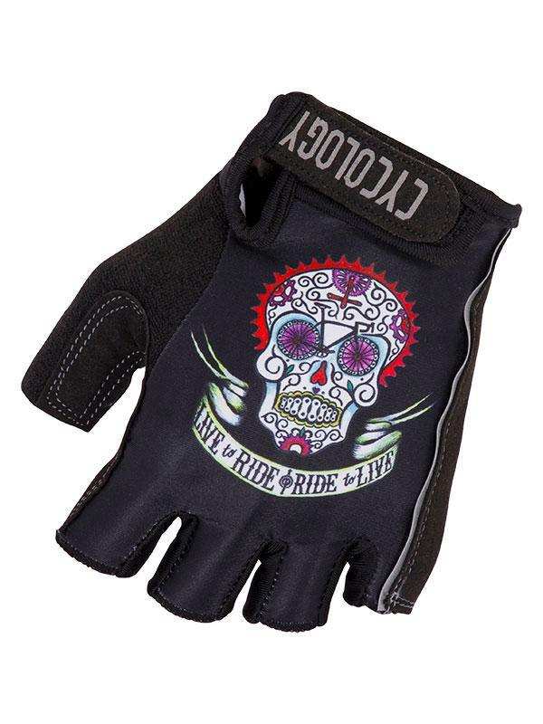 Black cycling glove with sugar skull design, 'Ride to Live' text, and fingerless grip for men and women