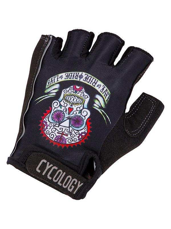 Black fingerless cycling glove with sugar skull design, 'Live Ride Live' text, and CYCOLOGY wrist label