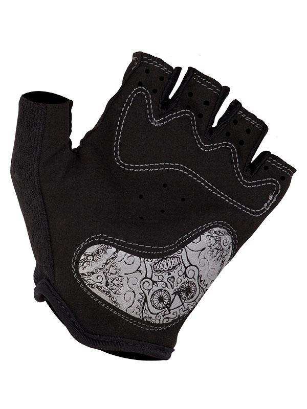 Black fingerless cycling glove with grey skull and bike pattern, breathable perforations, and white stitching