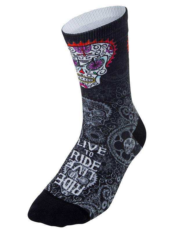 Black cycling sock with sugar skull design and 'Live to Ride' text, ideal for cyclists