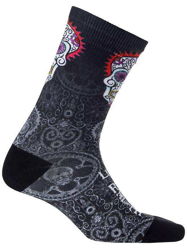 Black cycling sock with sugar skull design, ideal for men's and women's bike rides