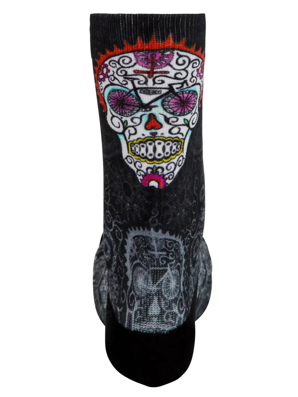 Black cycling sock with colorful sugar skull design, ideal for men's and women's bike rides