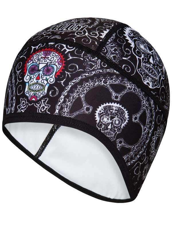 Black cycling skull bandana with sugar skull and gear designs, ideal for bike rides and outdoor sports