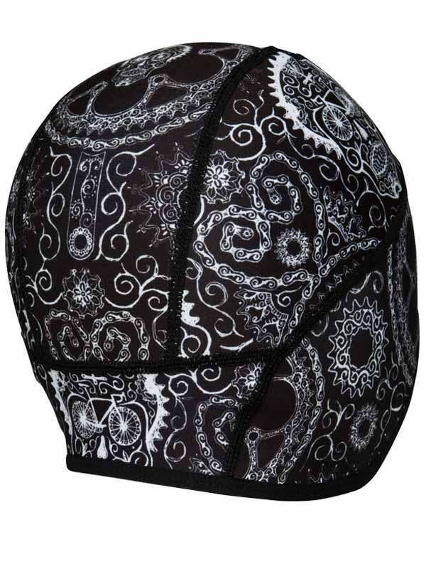 Black cycling cap with white paisley and bike gear pattern, ideal for road or mountain biking
