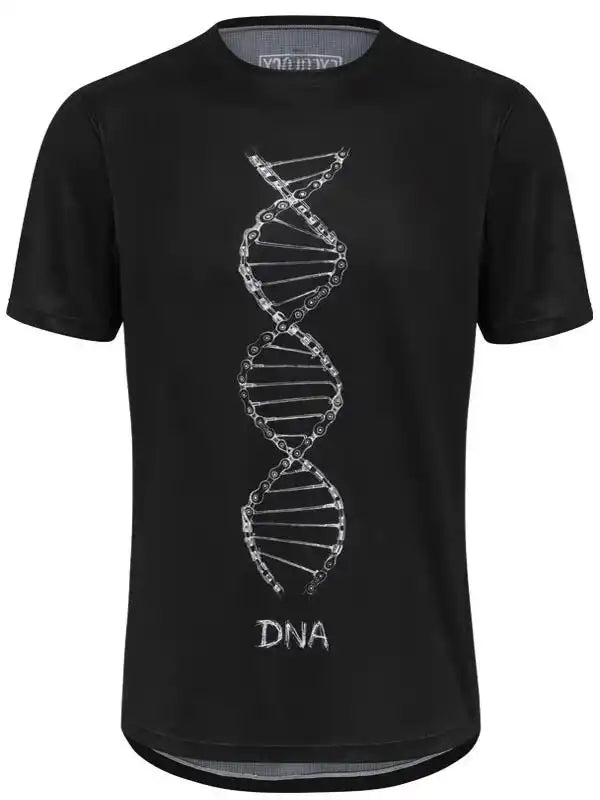 Black cycling t-shirt with DNA double helix graphic made of bike chain links, ideal for men's or women's bike wear.