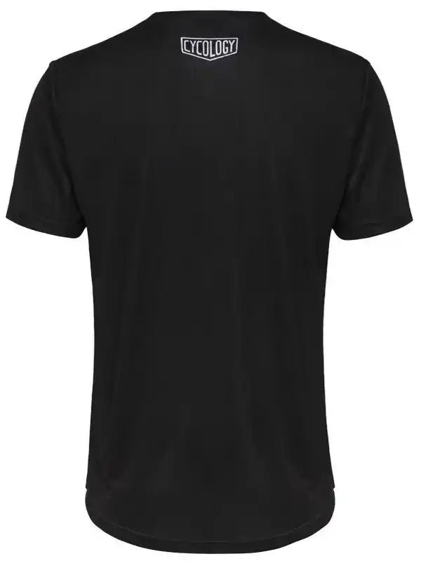 Black cycling t-shirt with white Cycology logo on back, men's or women's bike wear