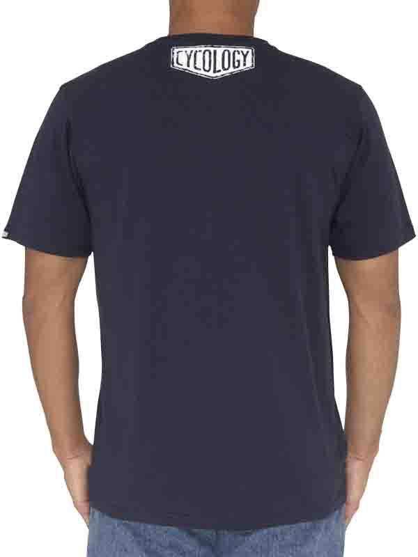 Men's navy cycling t-shirt with white Cycology logo on back, casual fit for bike rides