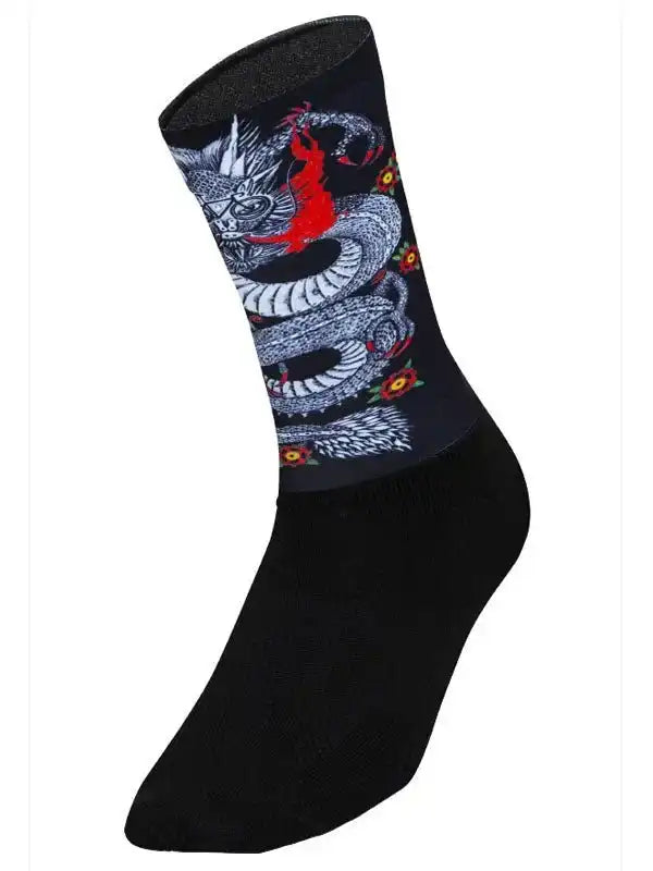 Black cycling sock with dragon tattoo design, red flame, floral accents, ideal for men's and women's bike rides