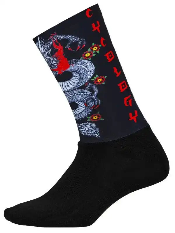 Black cycling sock with dragon and floral design, red Cycology text on cuff