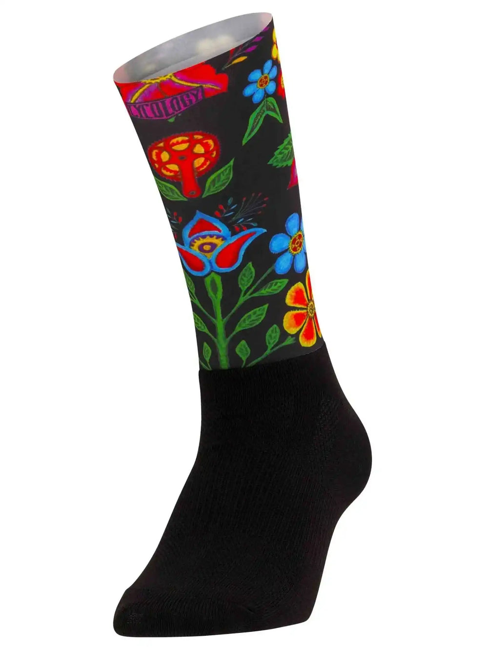Black cycling sock with vibrant floral and mushroom print, ideal for men's and women's bike rides