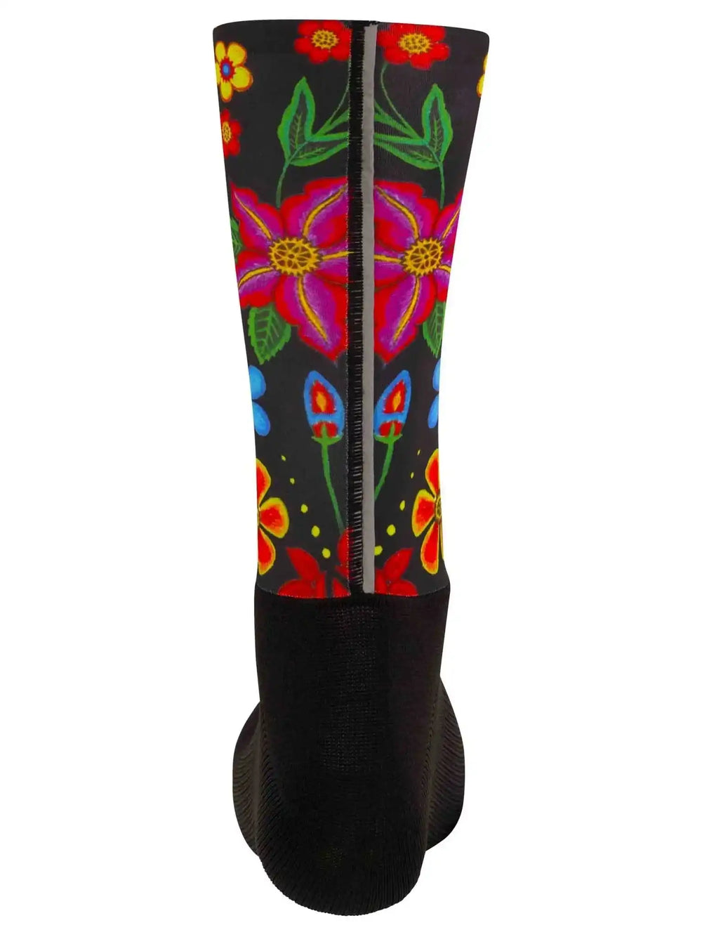 Colorful floral cycling socks with reflective stripe, vibrant flowers on black background for road bike rides