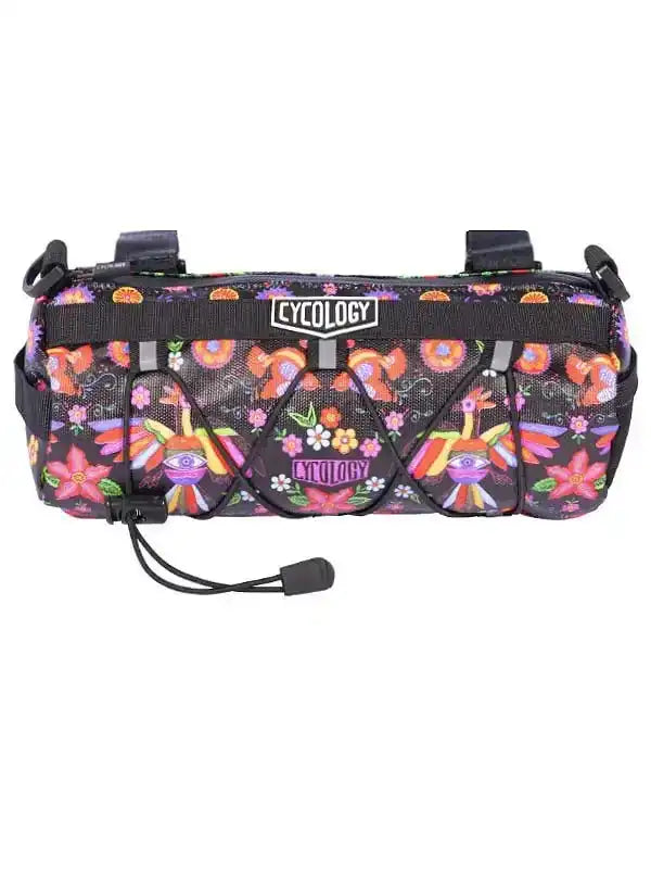 Cycology floral bike frame bag with vibrant patterns and secure straps for cycling gear storage