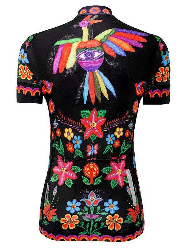 Black women's cycling jersey with vibrant floral and bird graphic design, short sleeves, back view