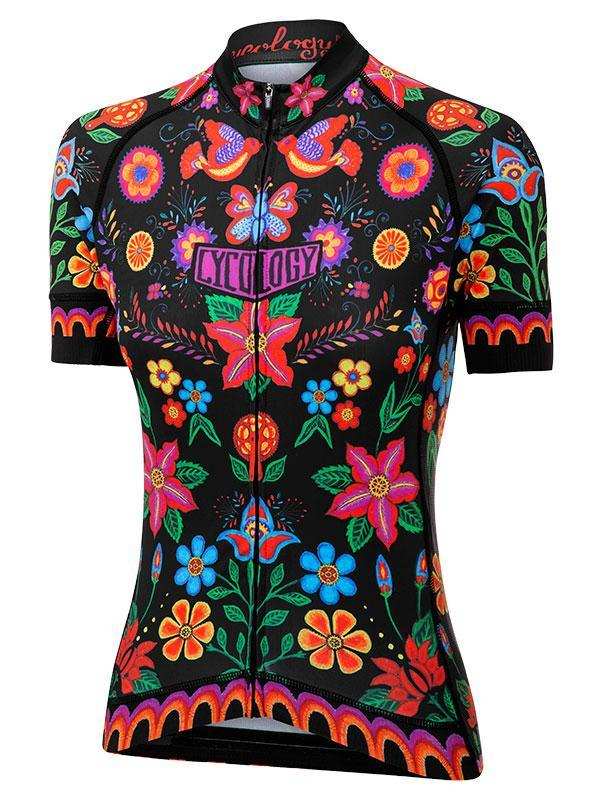 Vibrant floral cycling jersey with bold colors and butterfly patterns for women's bike rides