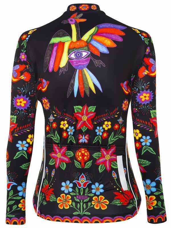 Women's cycling jersey with vibrant floral and bird print, long sleeves, black base, colorful design