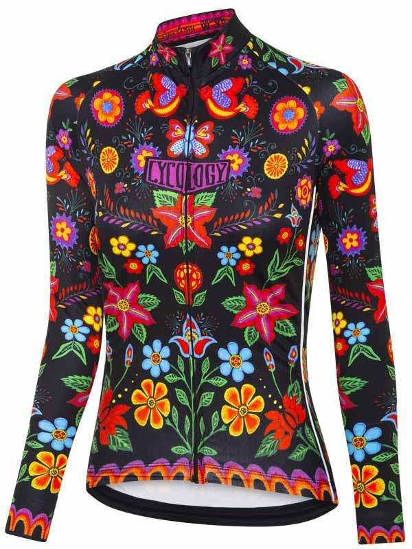 Women's cycling jersey with vibrant floral and butterfly print, full zip, long sleeves, black base