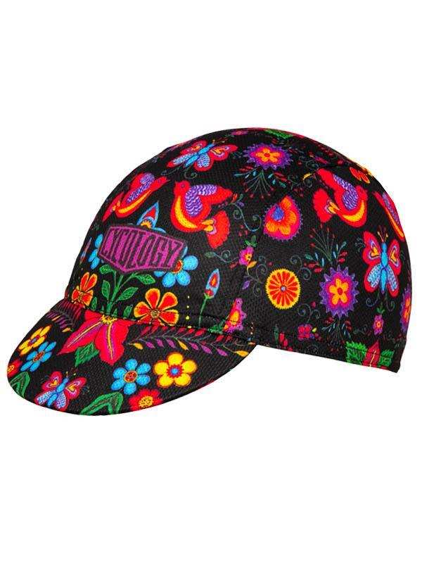 Vibrant floral and bird pattern cycling cap for men and women, featuring colorful designs on black fabric.