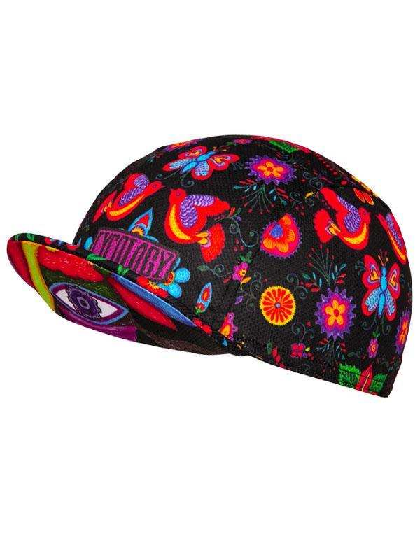 Colorful floral cycling cap with vibrant butterfly and flower patterns on black background