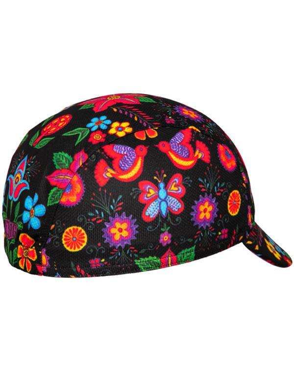 Colorful floral and bird pattern cycling cap on black background, vibrant design for bike rides