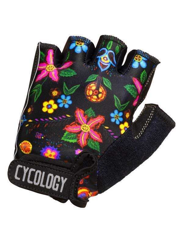 Black fingerless cycling gloves with vibrant floral print and CYCOLOGY wrist strap
