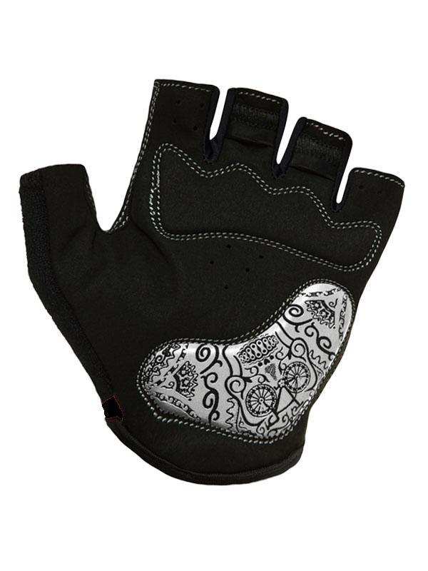 Black fingerless cycling glove with silver skull and bike print, padded palm for comfort