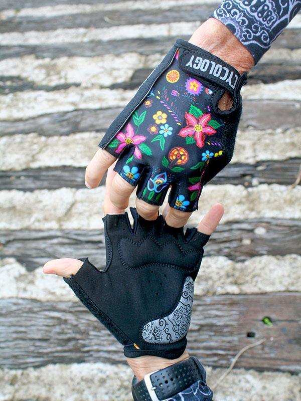 Colorful floral cycling gloves with fingerless design, perfect for men's and women's bike rides