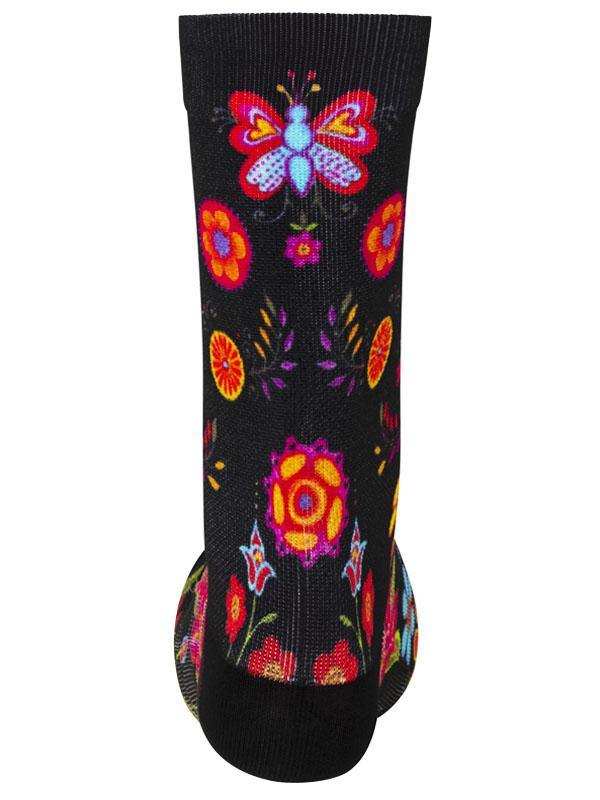 Black cycling sock with colorful butterfly and floral pattern, ideal for men's and women's bike rides