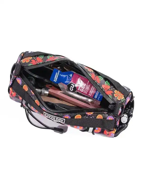 Floral cycling frame bag with energy gels and tools, ideal for bike rides and cycling adventures