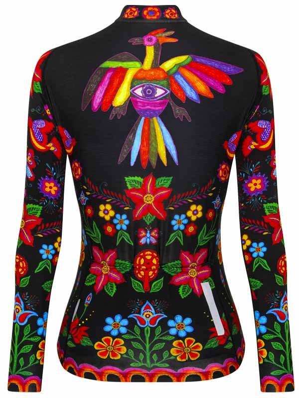Women's cycling jersey with vibrant floral and bird print, long sleeves, black base