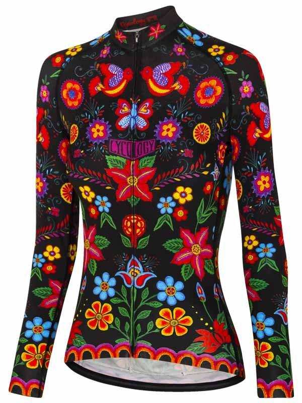 Women's long sleeve cycling jersey with vibrant floral and bird print on black background