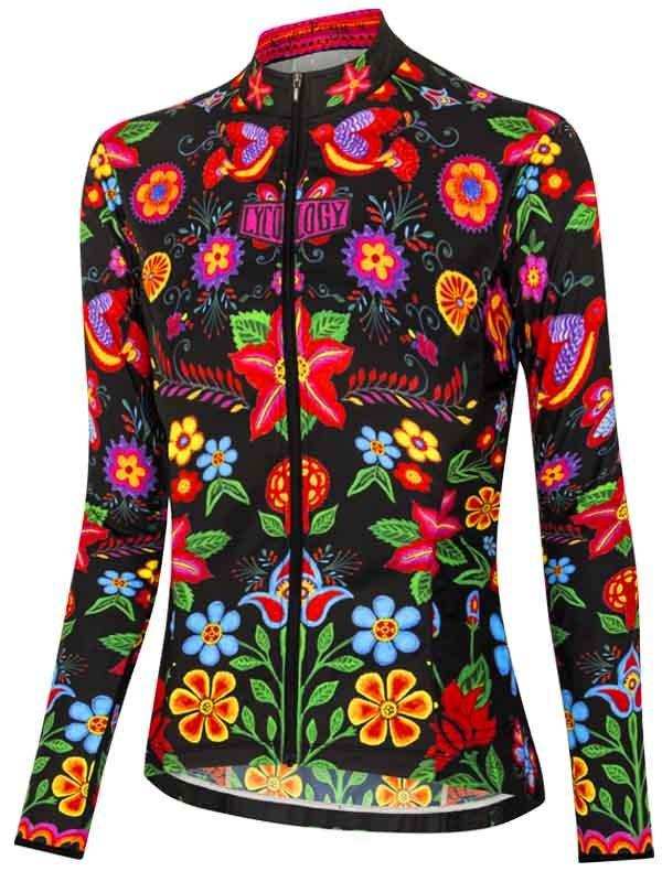 Women's long sleeve cycling jersey with vibrant floral print on black background