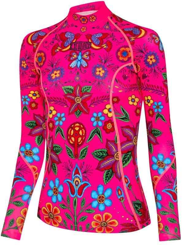 Vibrant pink women's cycling jersey with floral and butterfly print, long sleeves, zip front