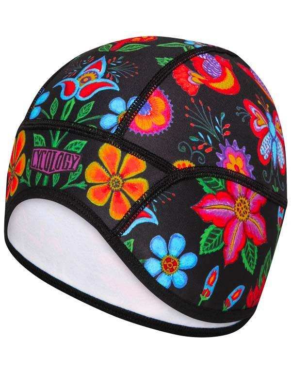 Colorful floral cycling skull cap with vibrant flowers and black background, ideal for bike rides