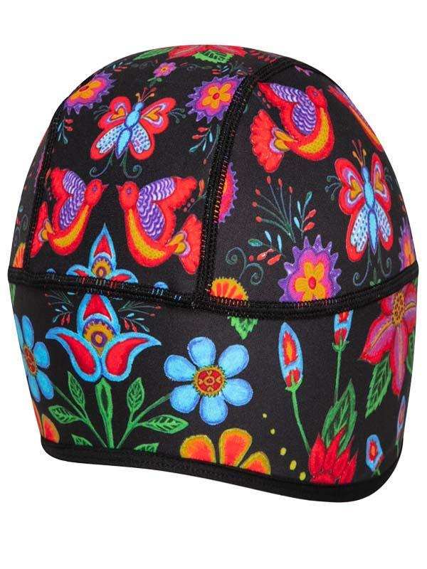Colorful floral and butterfly patterned cycling cap on black background