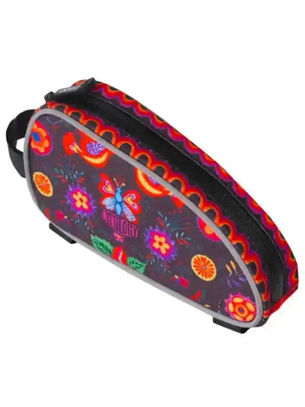 Colorful floral and butterfly patterned cycling saddle bag with reflective trim