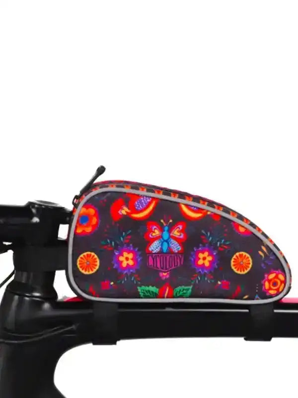 Colorful floral and butterfly patterned bike frame bag with reflective trim for cycling