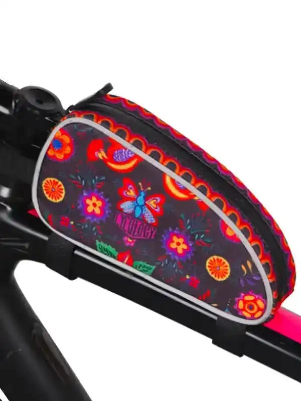 Colorful floral bike frame bag with butterfly design, perfect for cycling adventures