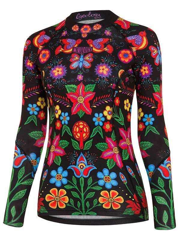 Women's long sleeve cycling jersey with vibrant floral and bird print on black background