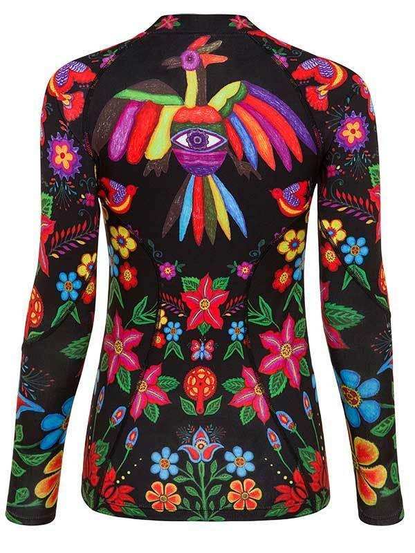 Women's cycling jersey with vibrant floral and bird print on black background, long sleeve design