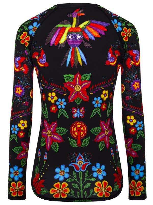 Women's long sleeve cycling jersey with vibrant floral and bird print on black background