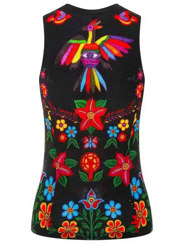 Black sleeveless cycling jersey with vibrant floral and bird embroidery, perfect for women's cycling wear.