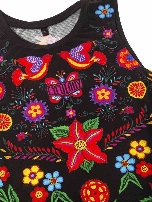 Black women's cycling tank top with vibrant floral and bird print, featuring colorful flowers and butterflies.