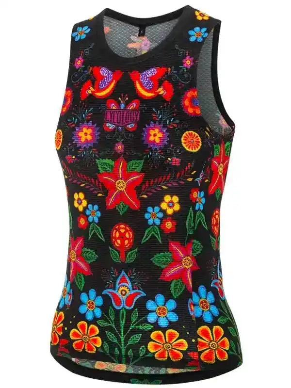 Women's black cycling jersey with vibrant floral and butterfly print, breathable mesh back