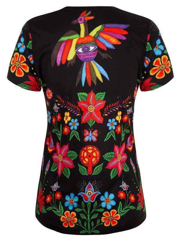 Black women's cycling jersey with vibrant floral and bird print, colorful design for active wear