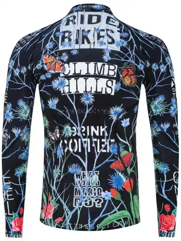 Men's long sleeve cycling jersey with floral print, butterflies, and cycling phrases like 'Ride Bikes' and 'Climb Hills'