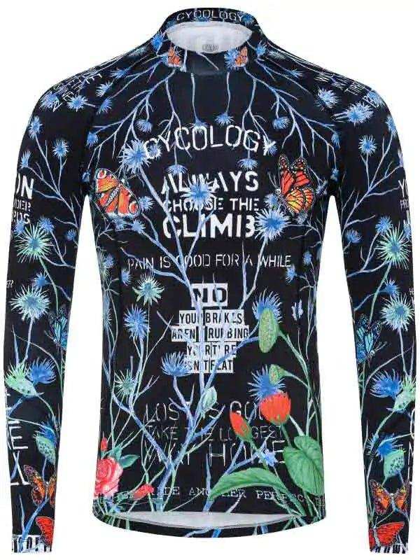 Men's long sleeve cycling jersey with floral and butterfly print, motivational text, and performance design