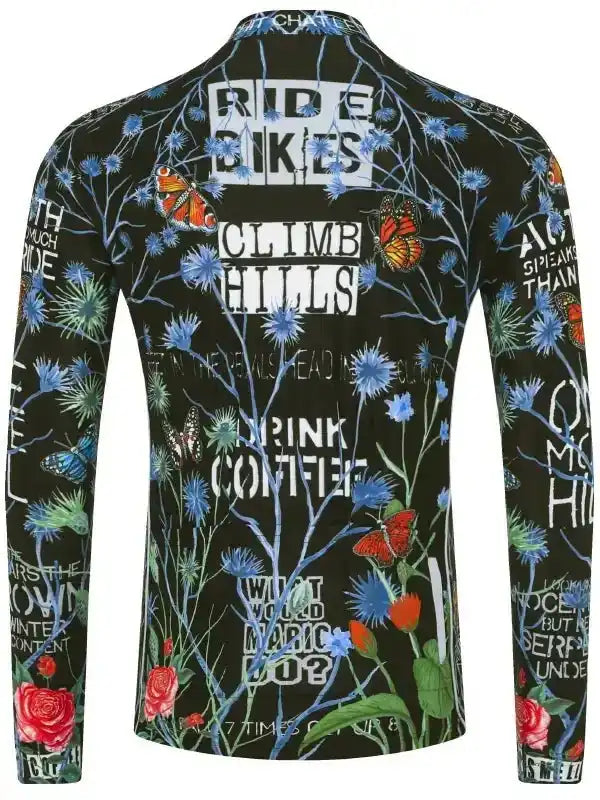 Men's cycling jersey with floral print, butterflies, and cycling phrases like 'Ride Bikes' and 'Climb Hills'