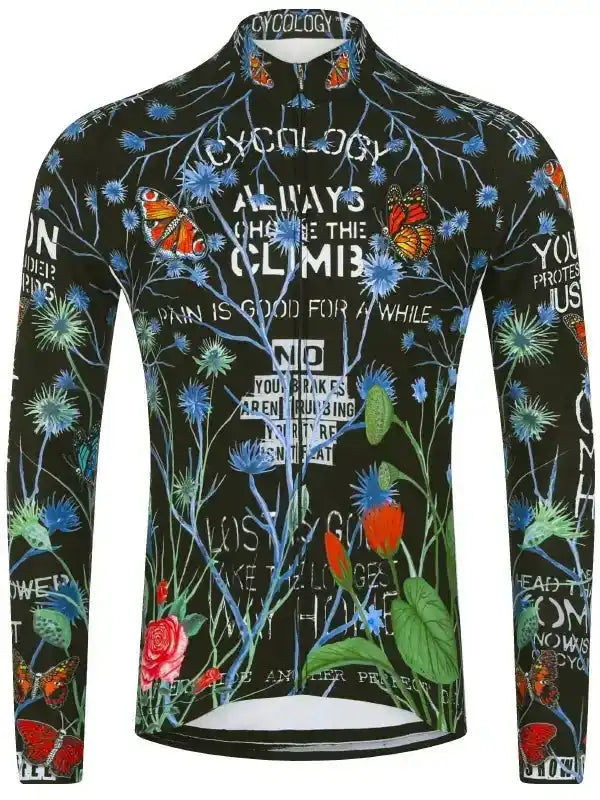 Men's long sleeve cycling jersey with floral and butterfly print, motivational cycling quotes, black base